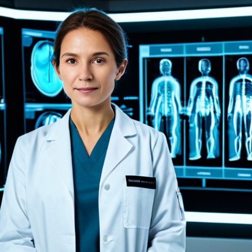 A professional female radiologist in a clean, modest lab coat, standing confidently in a futuristic medical imaging suite. Large, luminous holographic screens display intricate X-ray and MRI scans, overlaid with glowing AI diagnostic annotations. The atmosphere is highly technical, precise, and sterile. Focus on innovation and advanced technology. safe for work, appropriate content, fully clothed, professional dress, perfect anatomy, correct proportions, natural pose, well-formed hands, proper finger count, natural body proportions, professional photography, high quality, medical accuracy.