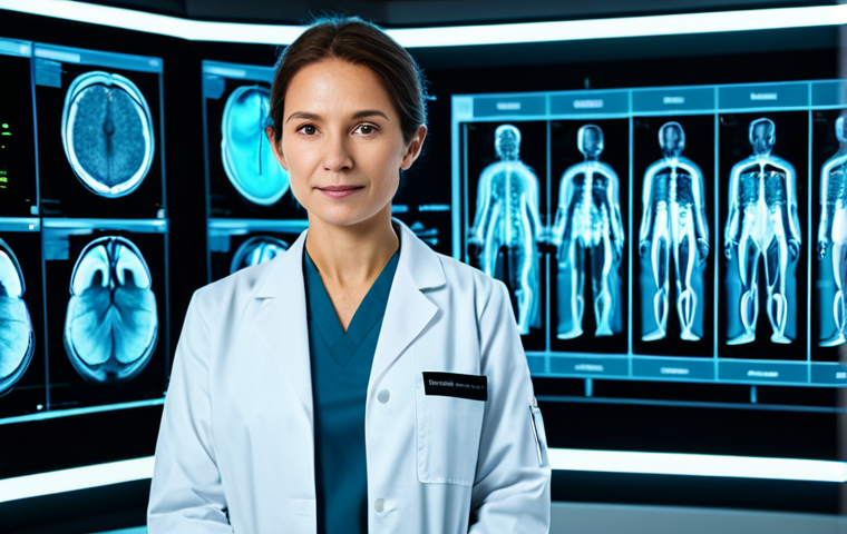 A professional female radiologist in a clean, modest lab coat, standing confidently in a futuristic medical imaging suite. Large, luminous holographic screens display intricate X-ray and MRI scans, overlaid with glowing AI diagnostic annotations. The atmosphere is highly technical, precise, and sterile. Focus on innovation and advanced technology. safe for work, appropriate content, fully clothed, professional dress, perfect anatomy, correct proportions, natural pose, well-formed hands, proper finger count, natural body proportions, professional photography, high quality, medical accuracy.