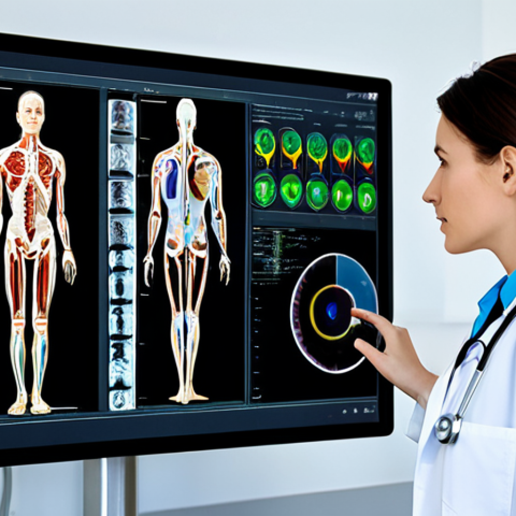 AI in Healthcare - Diagnostic Accuracy**
"A fully clothed female doctor in a professional lab coat, examining a medical scan on a large screen in a modern hospital setting, AI diagnostics displayed with clear data visualizations, appropriate content, safe for work, perfect anatomy, natural proportions, professional medical illustration, high quality, modest."
**