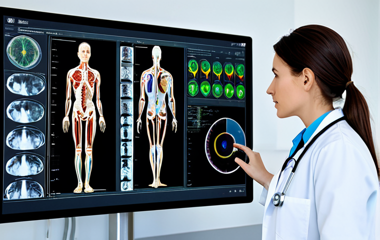 AI in Healthcare - Diagnostic Accuracy**
"A fully clothed female doctor in a professional lab coat, examining a medical scan on a large screen in a modern hospital setting, AI diagnostics displayed with clear data visualizations, appropriate content, safe for work, perfect anatomy, natural proportions, professional medical illustration, high quality, modest."
**
