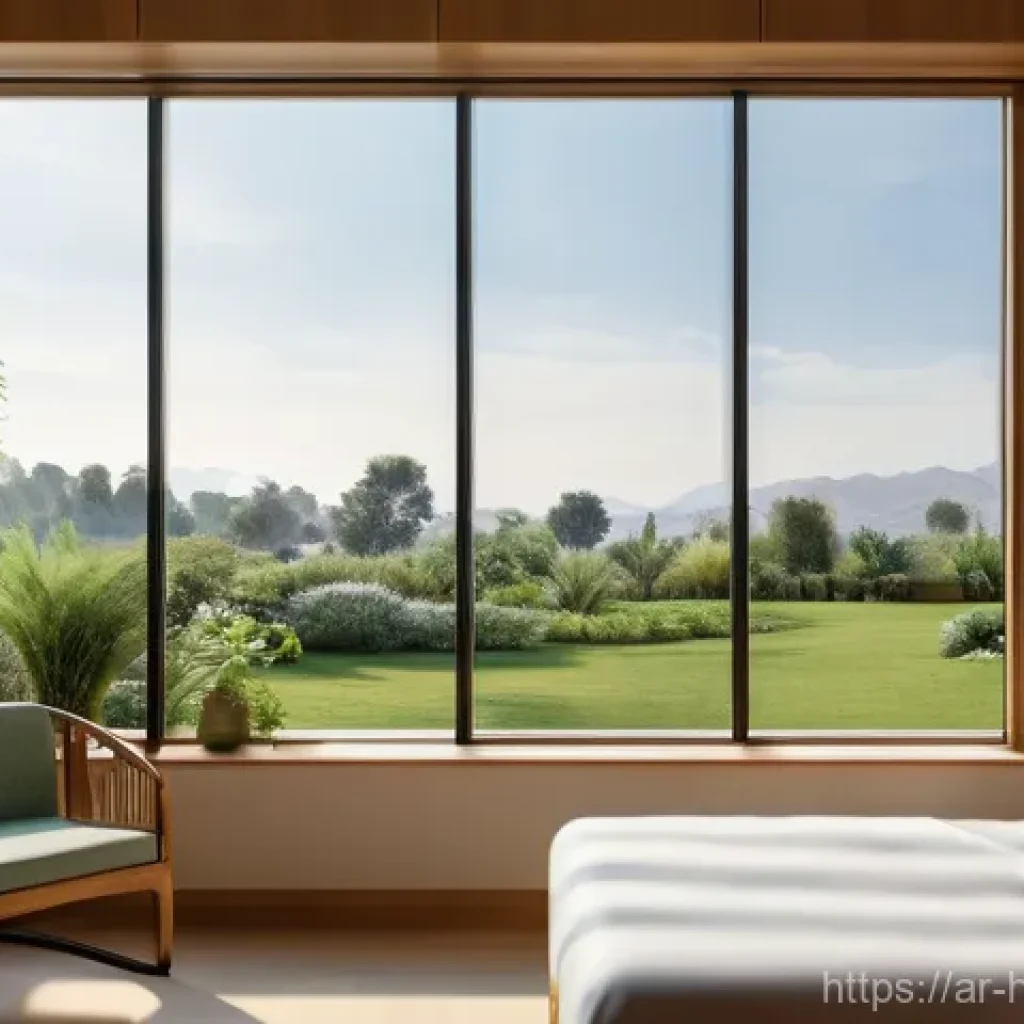 환자 경험 향상을 위한 디자인 혁신 - **Prompt:** "A brightly lit, spacious hospital room featuring large windows that offer a serene view...