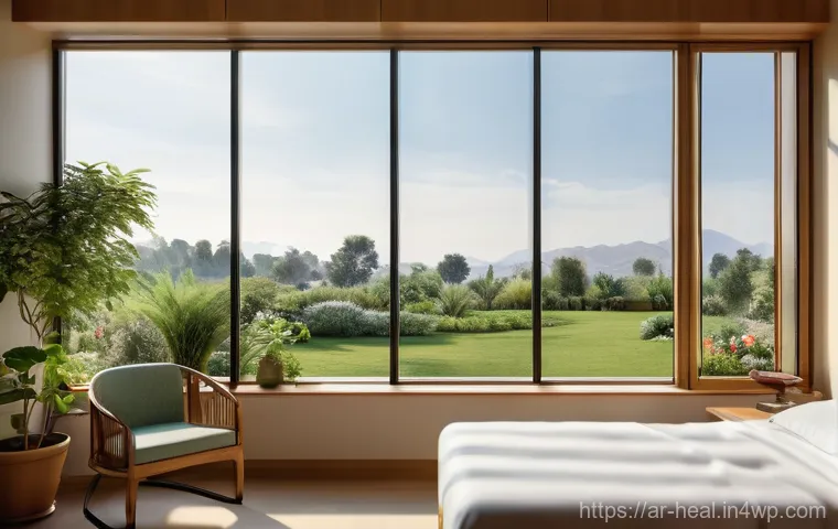 환자 경험 향상을 위한 디자인 혁신 - **Prompt:** "A brightly lit, spacious hospital room featuring large windows that offer a serene view...