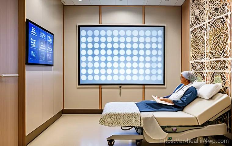 환자 경험 향상을 위한 디자인 혁신 - **Prompt:** "A brightly lit, spacious hospital room featuring large windows that offer a serene view...