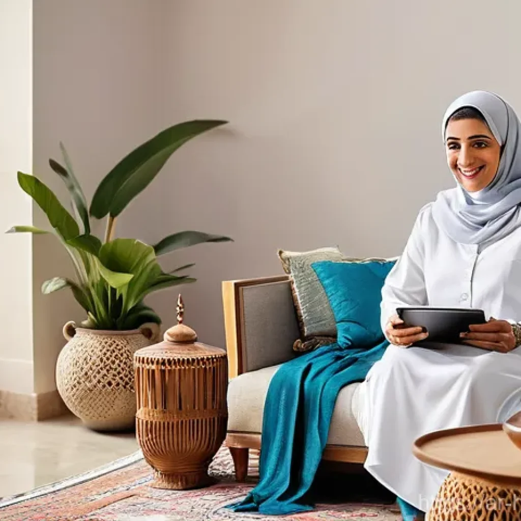 의료 접근성을 위한 기술적 접근 - **Telemedicine in a Traditional Arab Home:** A warm and inviting scene set in a beautifully decorate...