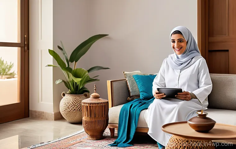 의료 접근성을 위한 기술적 접근 - **Telemedicine in a Traditional Arab Home:** A warm and inviting scene set in a beautifully decorate...
