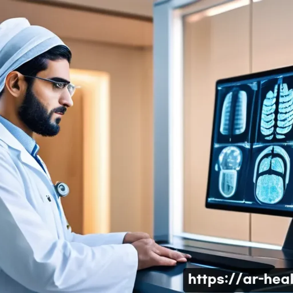 헬스케어 로봇의 활용 가능성 - A high-tech medical diagnostic robot analyzing X-ray images and laboratory test results in a modern ...