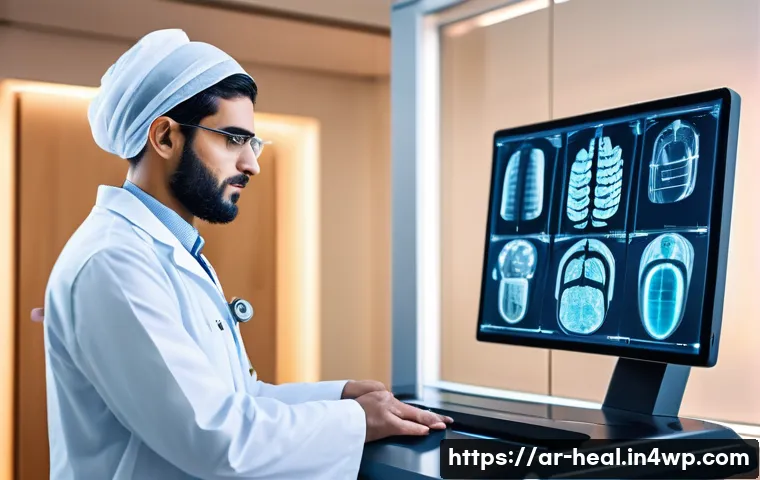 헬스케어 로봇의 활용 가능성 - A high-tech medical diagnostic robot analyzing X-ray images and laboratory test results in a modern ...