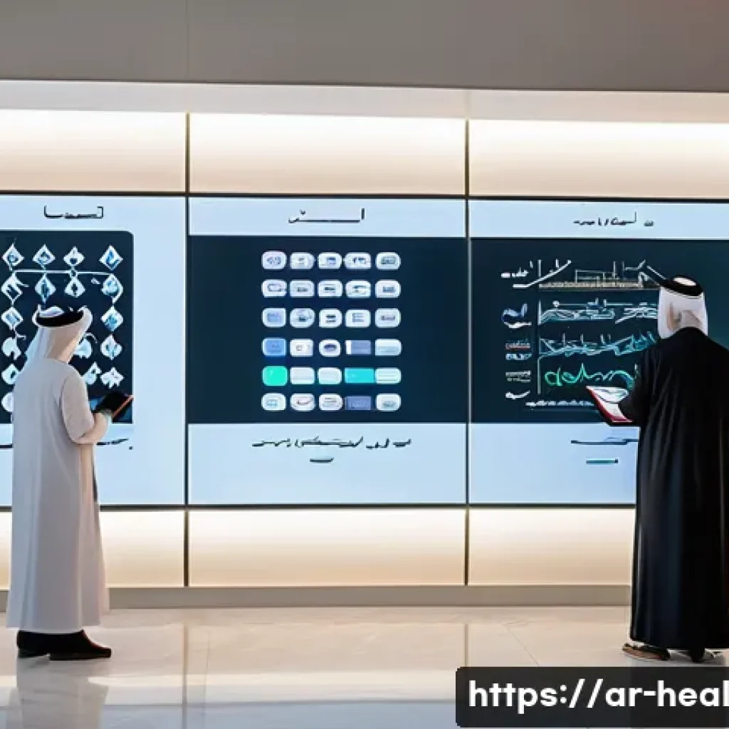 미래 의료 시스템의 경제적 모델 - A modern digital healthcare clinic in an Arab urban setting, showing a diverse group of male and fem...