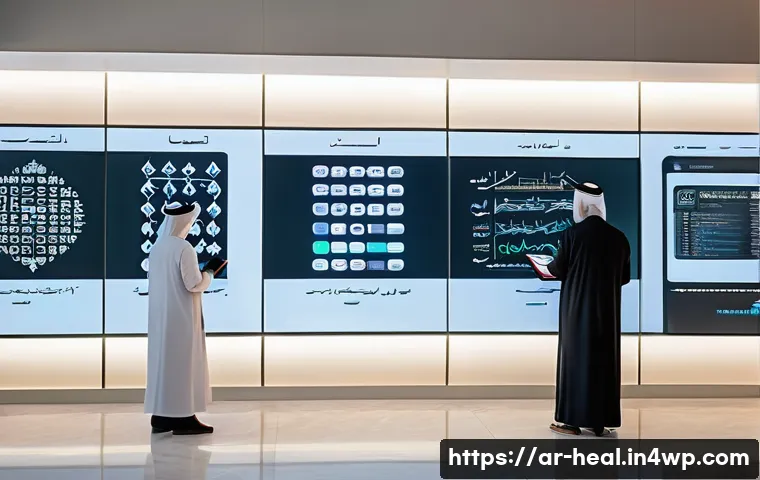 미래 의료 시스템의 경제적 모델 - A modern digital healthcare clinic in an Arab urban setting, showing a diverse group of male and fem...