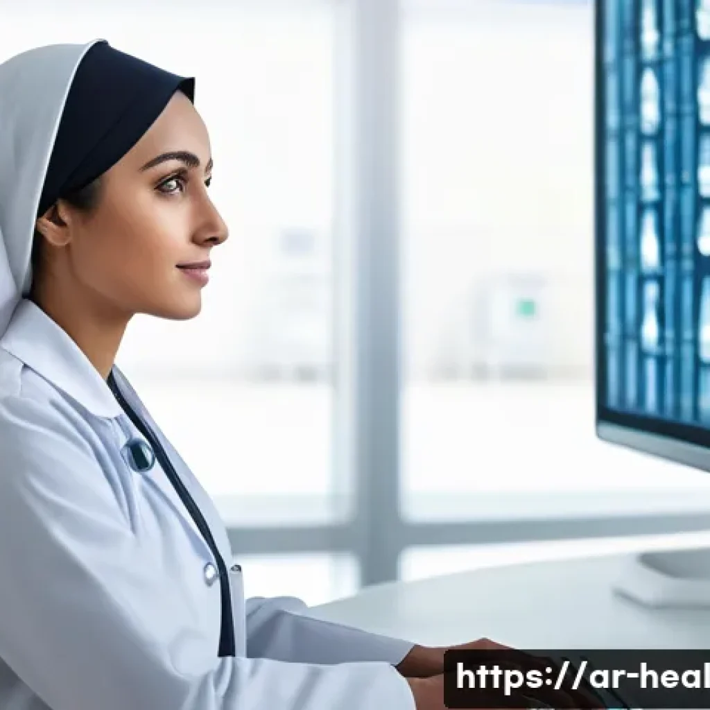 차세대 의료 기술의 발전과 전망 - A modern hospital scene featuring an Arab male doctor wearing a white lab coat and a stethoscope, us...