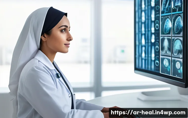 차세대 의료 기술의 발전과 전망 - A modern hospital scene featuring an Arab male doctor wearing a white lab coat and a stethoscope, us...