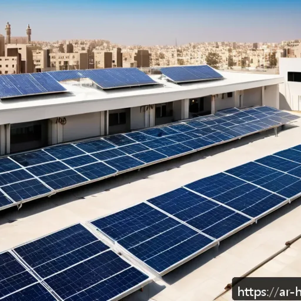 의료 시스템의 탄소 발자국 줄이기 전략 - A modern hospital rooftop in a sunny Middle Eastern city, covered with sleek solar panels capturing ...