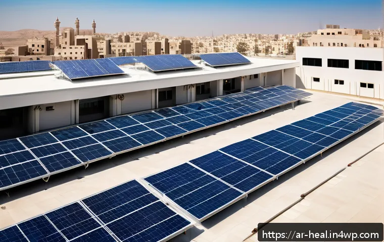 의료 시스템의 탄소 발자국 줄이기 전략 - A modern hospital rooftop in a sunny Middle Eastern city, covered with sleek solar panels capturing ...