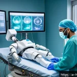 Home 22 AI와 로봇 수술의 발전 현황 - A high-tech surgical robot operating in a modern hospital operating room, equipped with advanced pre...