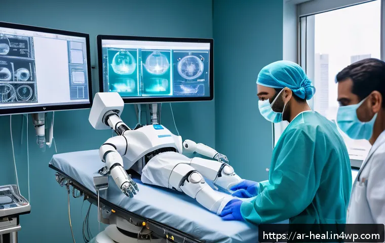 AI와 로봇 수술의 발전 현황 - A high-tech surgical robot operating in a modern hospital operating room, equipped with advanced pre...