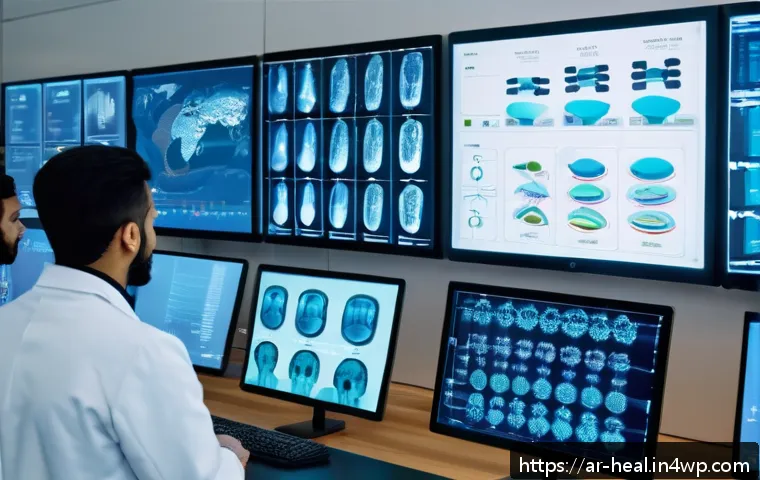 AI와 헬스케어의 협력 구조 - A modern Middle Eastern medical laboratory scene showing a diverse team of Arab doctors and data sci...