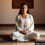 Home 19 정신 건강을 위한 디지털 솔루션 - A serene Middle Eastern woman sitting cross-legged on a traditional patterned prayer rug inside a so...