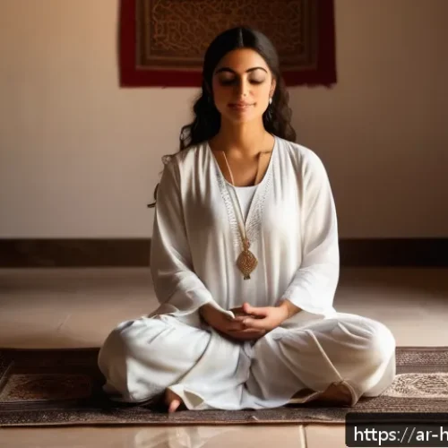 Home 31 정신 건강을 위한 디지털 솔루션 - A serene Middle Eastern woman sitting cross-legged on a traditional patterned prayer rug inside a so...