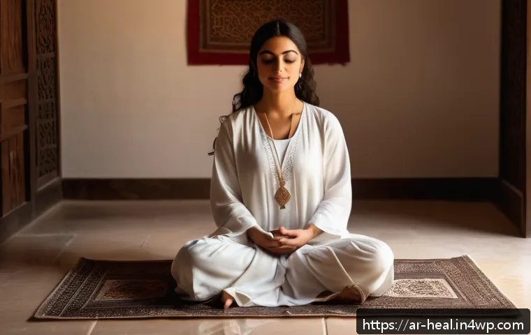 정신 건강을 위한 디지털 솔루션 - A serene Middle Eastern woman sitting cross-legged on a traditional patterned prayer rug inside a so...