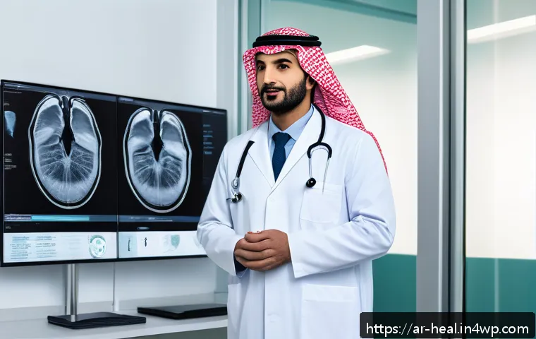 미래의 의료 전문가 역할 변화 - A modern medical clinic scene in a Middle Eastern setting, featuring a male Arab doctor wearing a wh...
