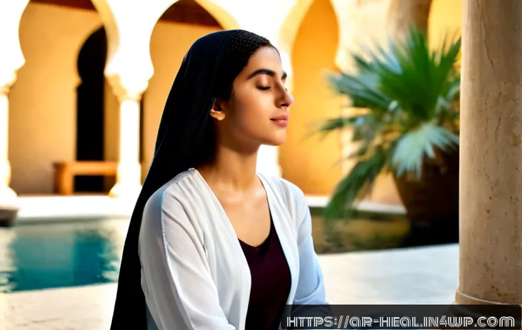 정신 치유를 위한 새로운 접근법 - Photorealistic Arab woman in modest contemporary clothing seated beside a calm indoor fountain in a ...