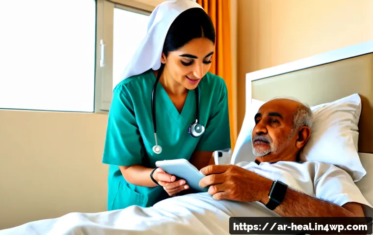 Home 17 의료 시스템에서의 IoT 기술 활용 - Photorealistic modern Middle Eastern hospital room, Arab female doctor in modest professional attire...